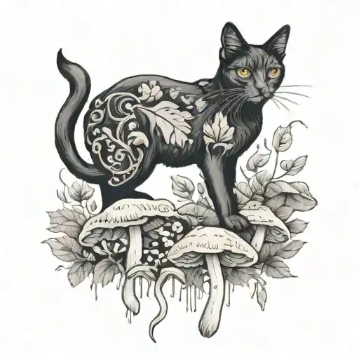 Black Cat In Mushrooms And Fall Foliage Like One Side