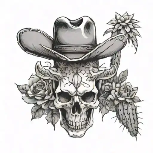 Western And Bullskull With Cactus Growing