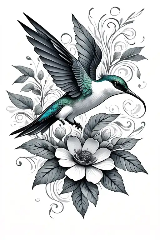 Hummingbird With Flowers And Swirls Forming