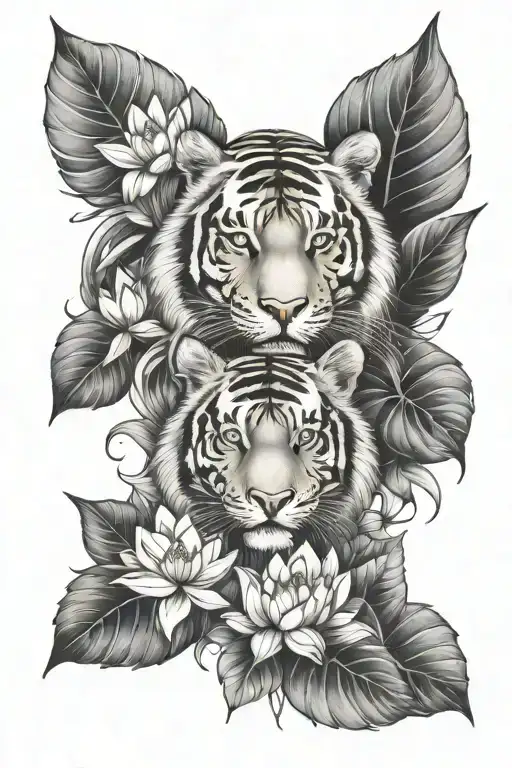Tiger Body With Lotus Flowers And Leaves