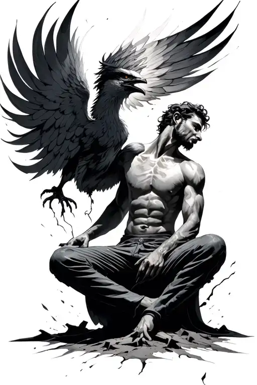 Phoenix Rising Up Bright From A Broken Man Sitting In Shadow