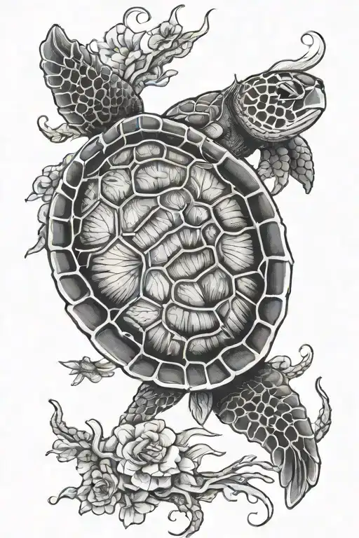 Create An Image Of A Sea Turtle From A Top View And Inside The Shell Is A Banyan Tree