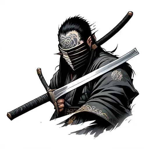 Japanese Warrior Covering Face With Sword Wearing A Mark
