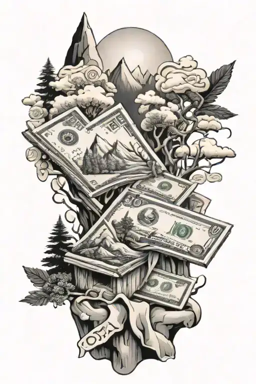 A Stack Of Money With Outdoor Elements Like Trees And Mountains In The Background