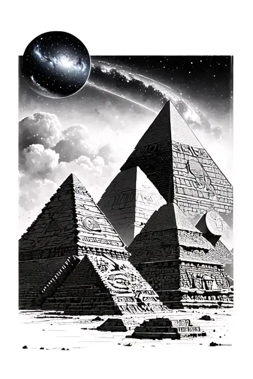 Pyramids Of Giza With Thoth Egyptian God And A Galaxy Overhead