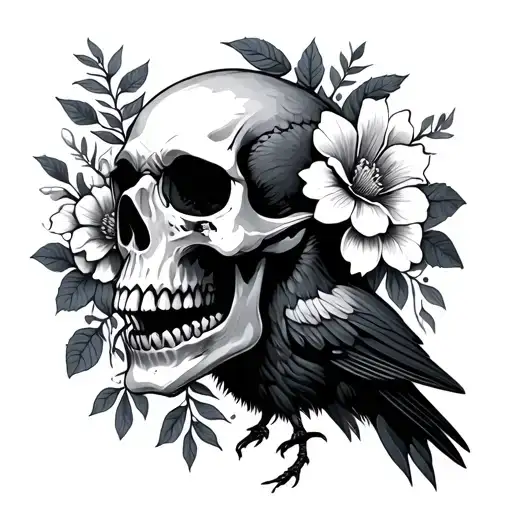 Skull And Raven With Flowers