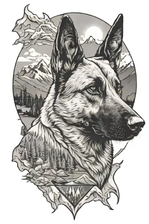 Belgian Malinois With A Background Of Camp And Mountains