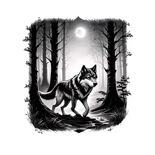 Lone Wolf Walking Through Forest Under Moonlight