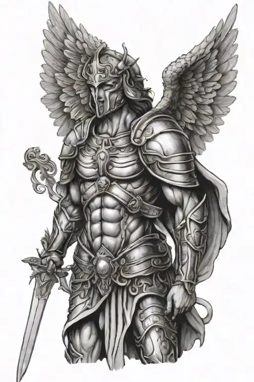 Archangel Michael In A Mask With A Sword And A Mask On His Shoulder