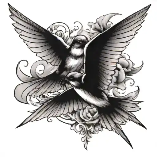 Twin Swallows One Flying Up And One Facing The Other