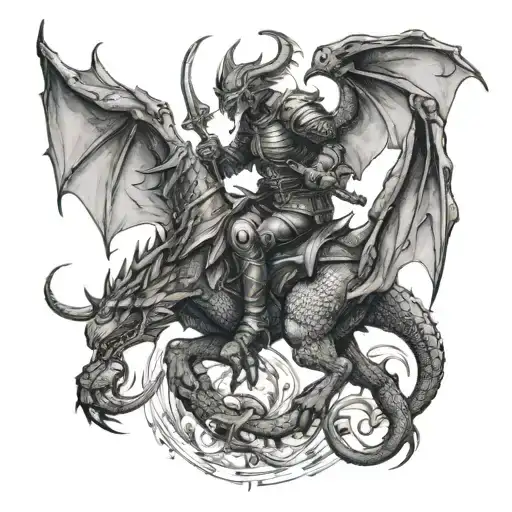 A Detailed Tattoo Of A Bureaucrat Riding A Dragon Into Battle