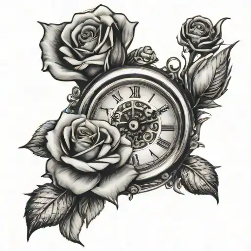 Clock With Rose Tattoo Design Combining Elements