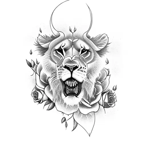 Design A Black-grey Tattoo Showcasing A Fierce Female Lioness Surrounded With Roses And Lily Flowers