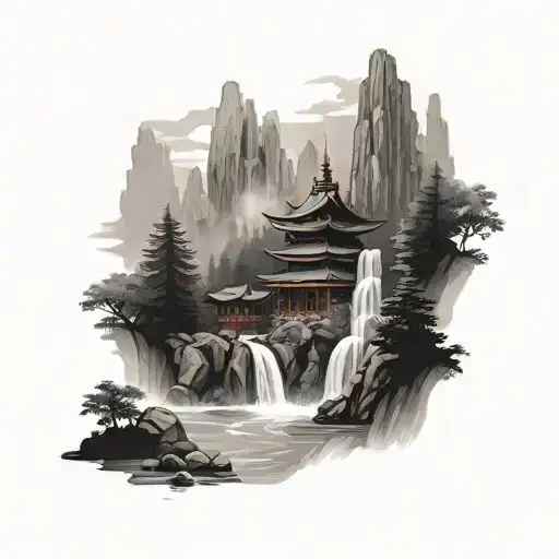 High Tempel With Waterfall Flowing River Running Alongside