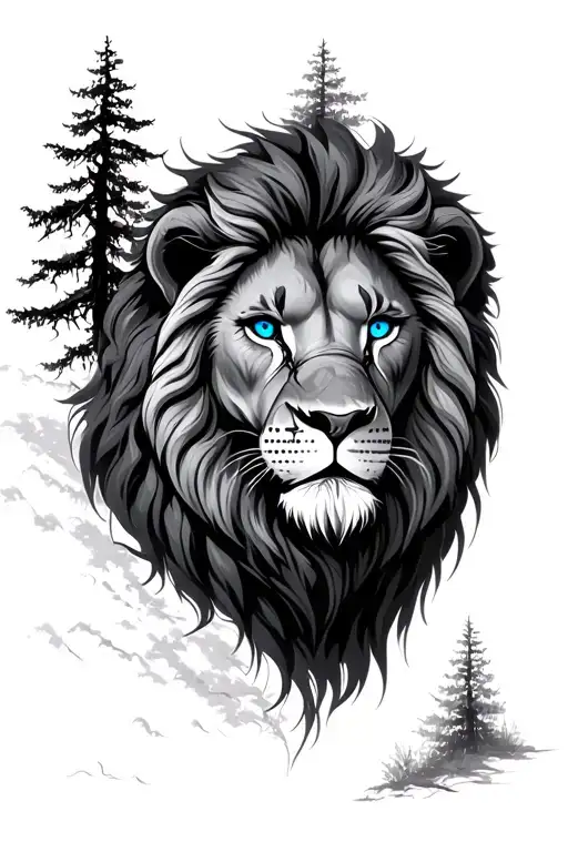 Lion With Scars And Blue Eyes With Tree In Background