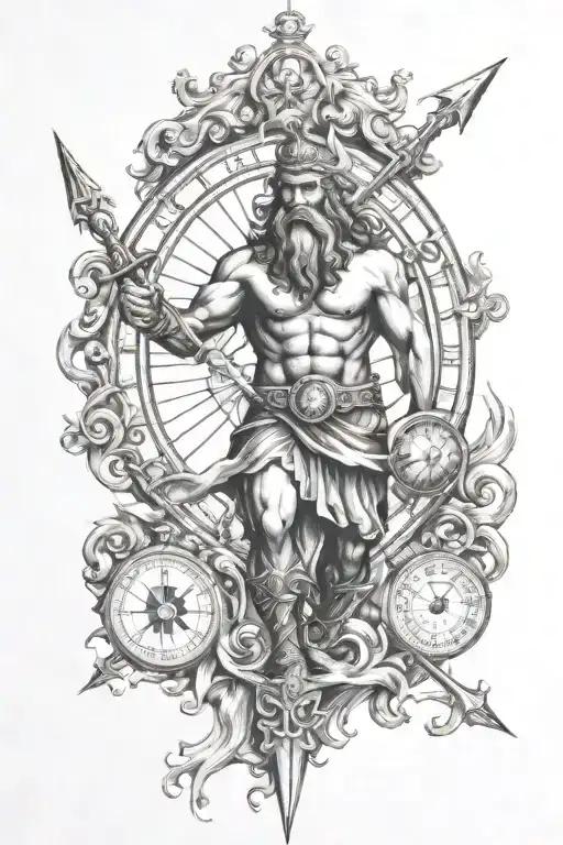 Poseidon Holding A Trident And Compass Design