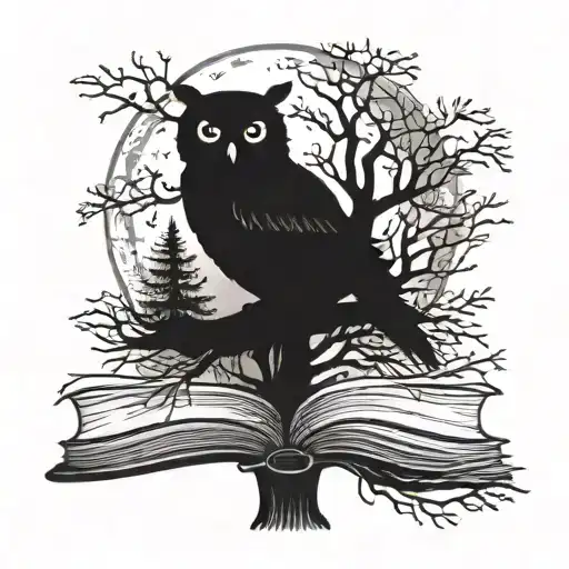 Tree With An Owl In The Branches Growing Out Of Books With A Full Moon In The Background