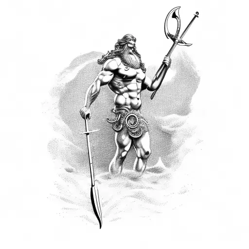 Poseidon With His Trident And A Mermaid
