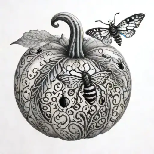 A Realistic Black And Grey Pumpkin Carved With Intricate Insect Patterns
