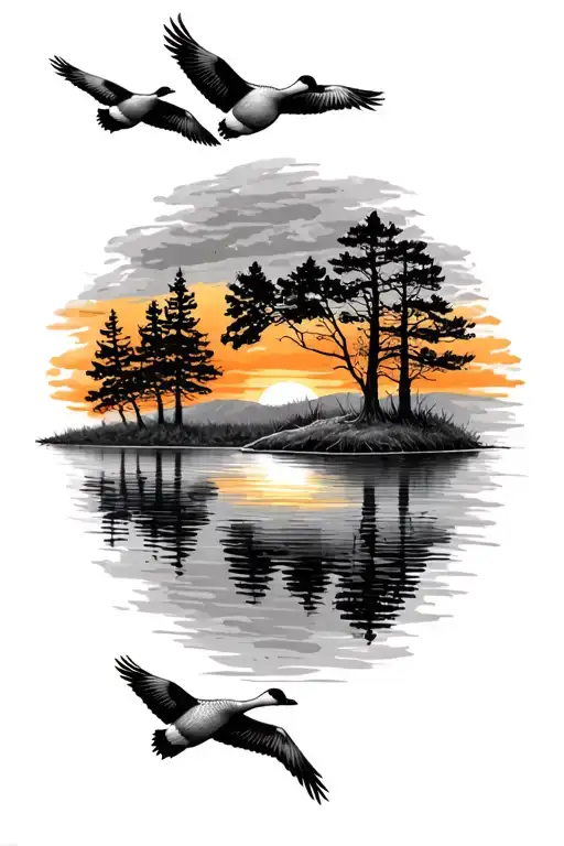 Geese Flying In Nature Elements Like Trees Colors Sunset Over Lake