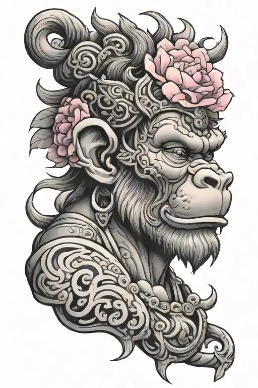 Monkey King Head With Dumbbell And Single Pink Peony