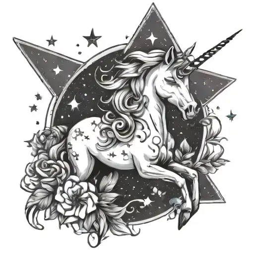 Unicorn In Space With Flowers And Stars