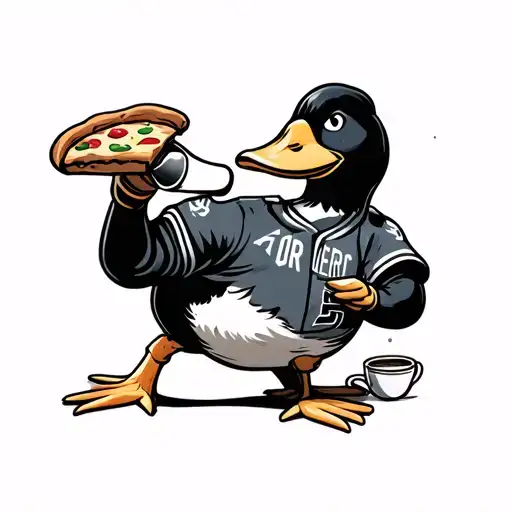 Cartoon Duck Drinking Coffee With Air Force Jersey And Pizza