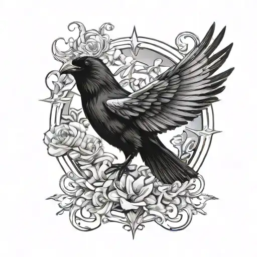 Black Raven And White Dove Flying And Lycoris Radiata