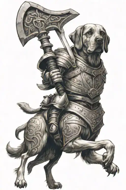 Knight Weilding A Giant War Axe Riding A Large Dog Of Terrier Breed