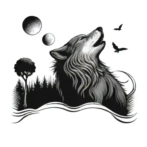 Wolf Howling At Red Cardnial And The Moon
