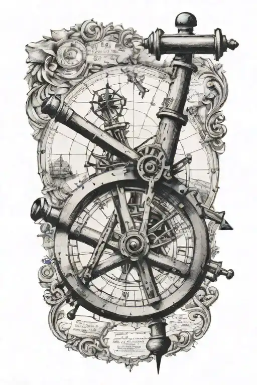 Sextant Terchnical Drawing On Faded Ancient Map Without Frame