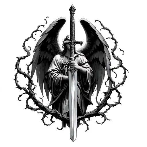 Archangel Holding Sword Intertwined Vines