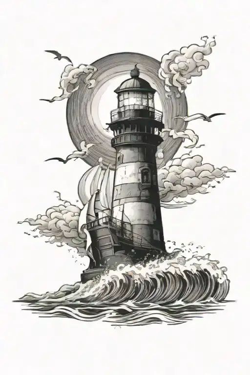 Lighthouse In The Storm Ship Below The Waves Crashing