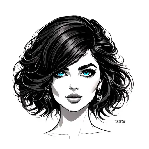 American Traditional Tattoo Lady With Blue Eyes And Black Hair With A Shag Haircut