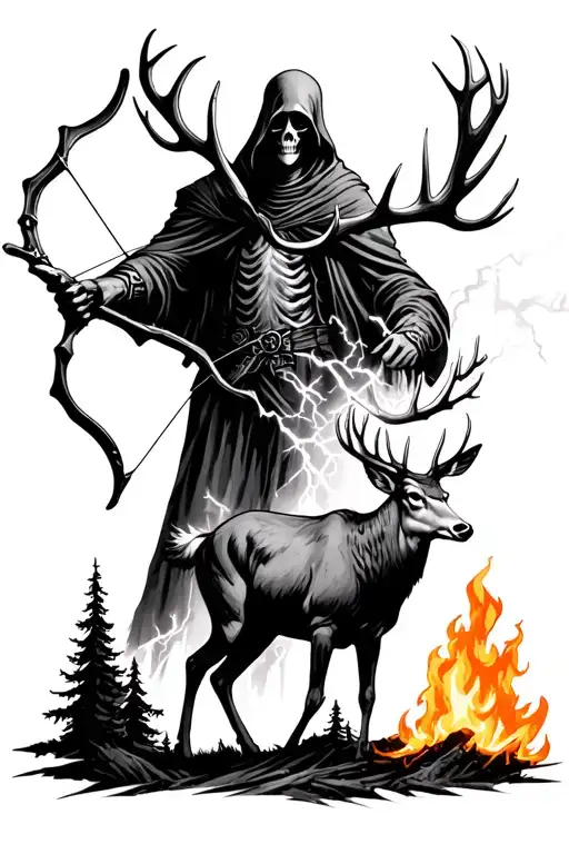 Grim Reaper Holding A Bow Made Out Of Antlers Shooting At A Deer With Lightning And Trees On Fire
