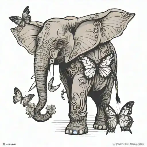 Elephant With Butterfly On Trunk Outline Simple