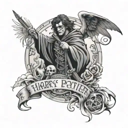 Harry Potter Sleeve Tattoo With A Grim Reaper With 2 Angels And The Dates 11-4-22 And 2-7-23