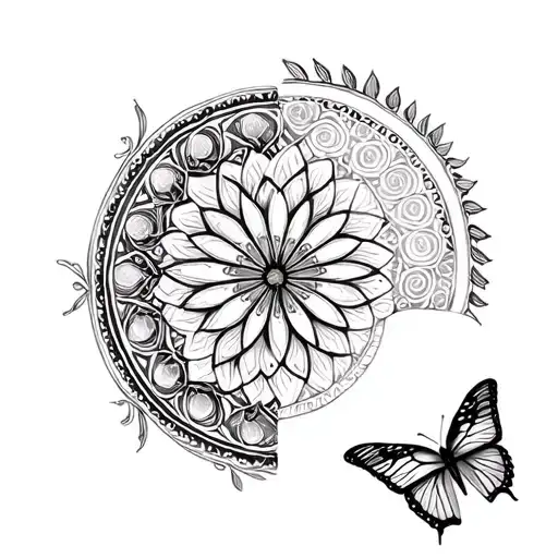 Detailed Half Circle Mandala With Butterfly