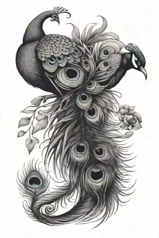 Peacock Feather With Ibis Birds