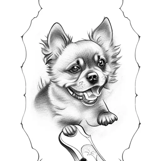 A Black-grey Tattoo Of A Sketch Of A Dog Playing A Flamenco Guitar