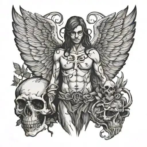 Tattoo Around Dense Forest Stands Fallen Angel With Wings Holds Skull In Skull Scalapendra