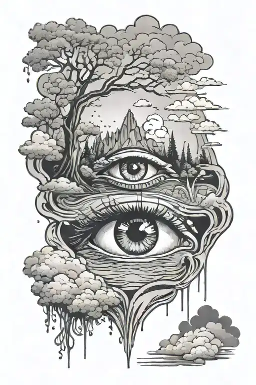Eye Crying A River In Forest With Person In Clouds Looking Down Reflection In Water