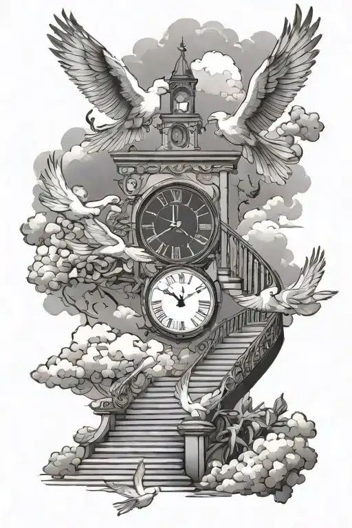 Stair Way To Heaven Clouds Clock Doves Flying