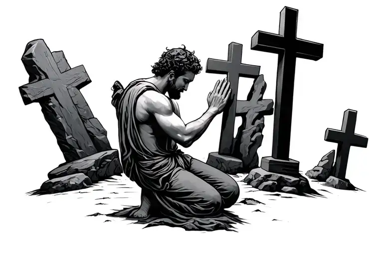 Man Kneeling Praying Ebenezer Stones 3 Crosses In Background