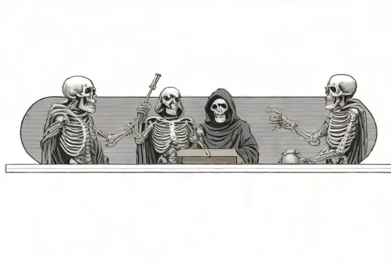 A Hooded Advocate At A Podium Arguing In A Courtroom To Three Skeletons Wearing Judge Robes