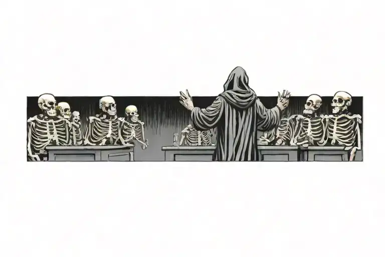 A Hooded Advocate At A Podium Arguing To A Jury Of Skeletons Wearing Judge Robes
