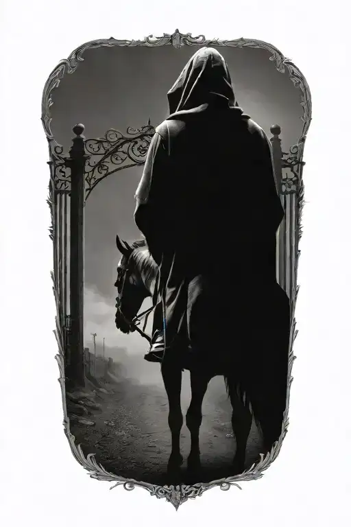 A Hooded Figure On A Horse Standing Alone In From Of An Opened Gate Looking Away Down A Long Path