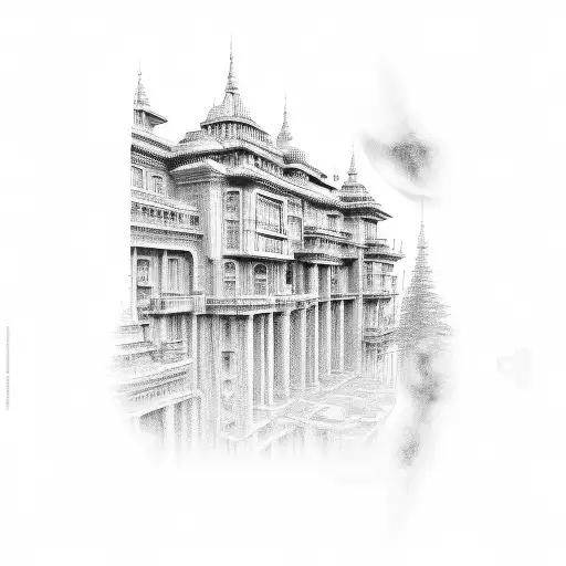 A Black And Grey Tattoo Of An Architectural Blueprint Morphing Into A Cinema Filmstrip