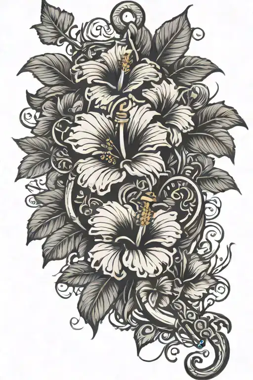 Hibiscus Flowers With Vines Around An Anchor