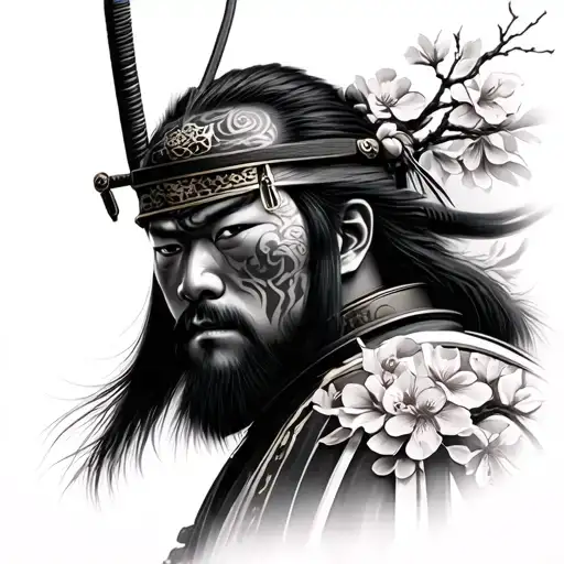 An Airbrushed Portrait Of A Samurai Warrior With Intricate Japanese Cherry Blossom